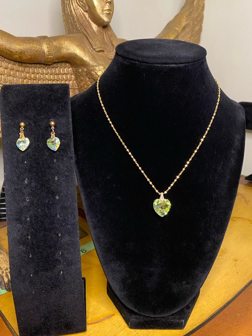 Vintage Heart Crystal Pendant Necklace and Earrings Set - Green Heart